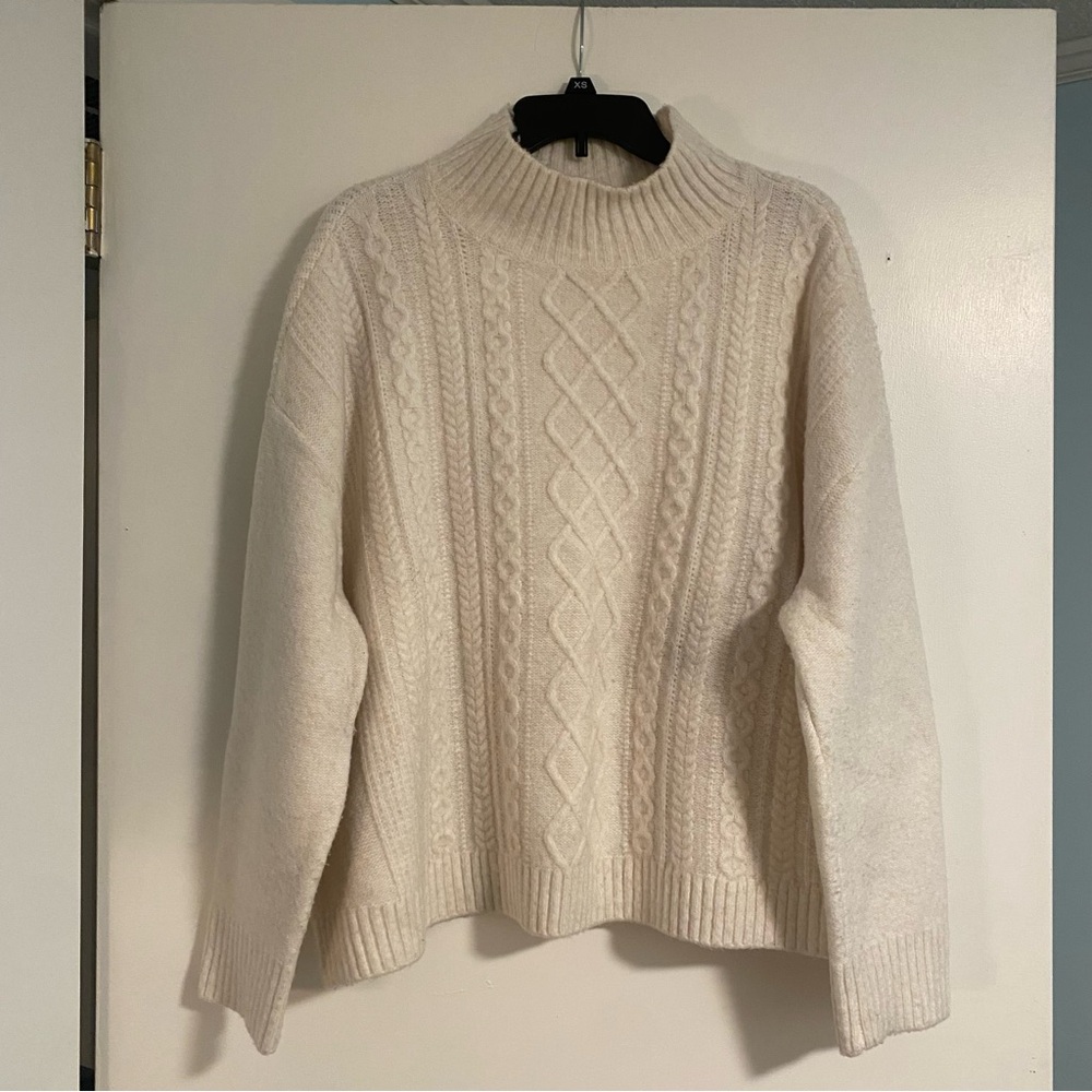 LOFT Womens Cable Knit Sweater Sz L Mock Neck Cream Long Sleeve Soft Wool Blend